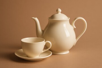 Elegant tea set composed of a teapot, cup, and saucer, presented against a warm brown backdrop, creating a sense of timeless sophistication and serenity.