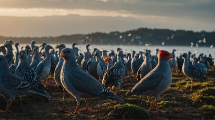 Flock of Gray Pigeons Standing on Ground by Water at Dusk with Mountain Backdrop