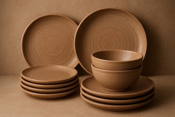 A set of handcrafted ceramic tableware, featuring plates and bowls with a rustic brown finish, perfect for home dining, arranged on a neutral background.
