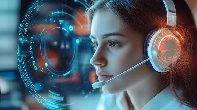 Woman with headset looking at holographic display in a futuristic tech environment with glowing elements