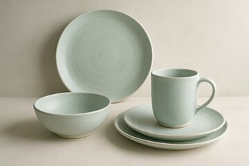 A serene pastel green ceramic dining set featuring a large plate, bowl, mug and dish, elegantly arranged on a neutral background with soft natural lighting display.