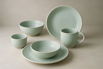 Elegant light green ceramic dinnerware set arranged against a neutral backdrop, showcasing modern design and minimalist style with plates, bowls and mugs.