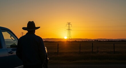 Silhouette of a person in a hat standing next to a vehicle, gazing at a field and power lines during a vivid sunset.