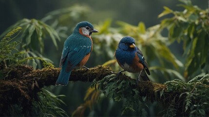 Colorful Birds Perched on Mossy Branch in Lush Forest Environment