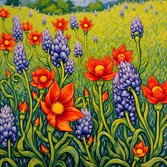 Acrylic Painting of Orange and Purple Flowers in a Field