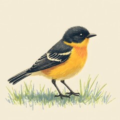 Digital Illustration of a Yellow-Breasted Bird on Grass