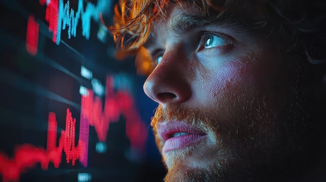 A businessman, his face etched with anxiety, stares at a plummeting stock market graph displayed digitally on the backdrop of a chaotic global economic landscape, symbolizing the devastating 