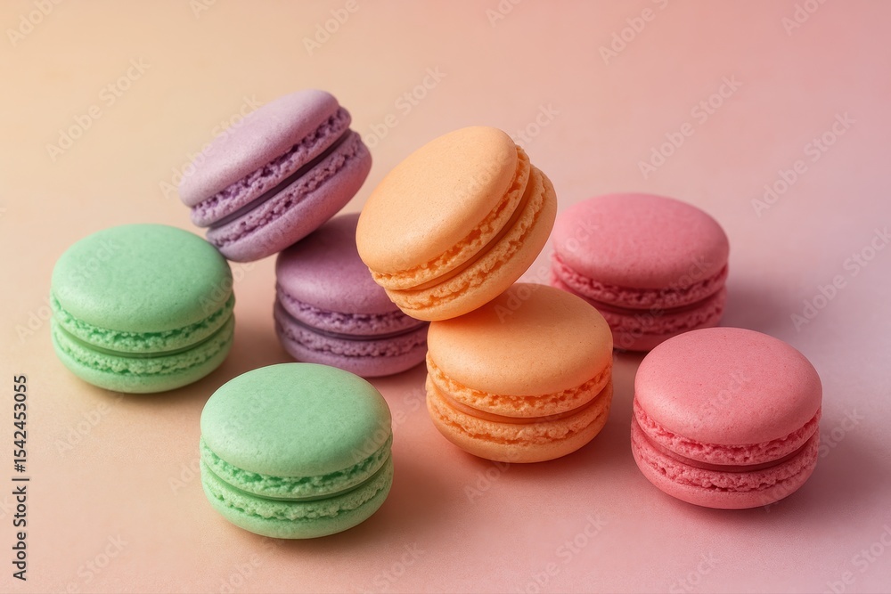 Poster close-up shot of assorted pastel colored macarons stacked artfully on a soft pink backdrop, creating