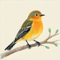 Illustration of a Small Orange Bird on a Branch