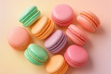 A delightful assortment of colorful macarons, perfectly arranged on a soft pastel background, creating an aesthetically pleasing and tempting display of French confectionery.