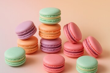 Obraz premium Delightful assortment of colorful macarons elegantly arranged, a confectionery symphony of pastel shades against a soft, light background, perfect for dessert lovers.