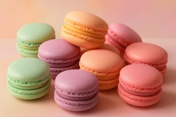 Obraz premium A vibrant and colorful assortment of French macarons, showcasing pastel hues and delicate textures against a soft, muted background, perfect for a dessert display.