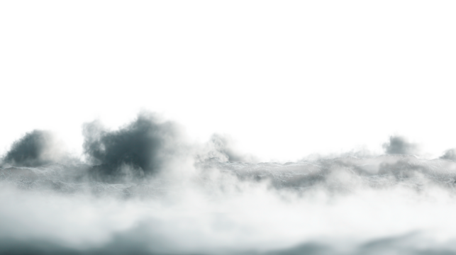 Dense layer of clouds covering a mountainous region with a dark area at the top of the image on transparent background