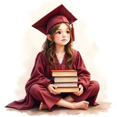 Digital Painting of Girl in Graduation Gown with Books