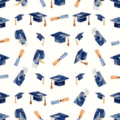 Repeating Pattern: Watercolor Graduation Caps and Diplomas