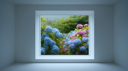 雨に濡れる紫陽花の窓景