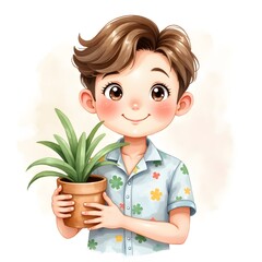 Digital Illustration of Boy Holding Potted Plant