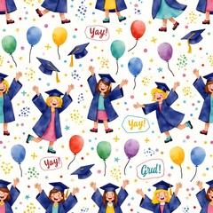 Repeating Pattern:  Graduating Girls, Balloons, and Graduation Caps