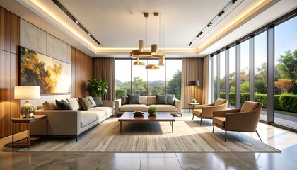 Fototapeta premium A modern living room with large windows showcases stylish furniture and natural light in daytime.