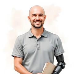 Portrait of a Man with a Prosthetic Arm Holding a Folder