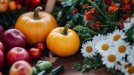 Colorful autumn harvest display with pumpkins, fruits, and flowers in a natural setting