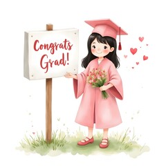 Illustration of Girl in Graduation Gown with Flowers and "Congrats Grad!" Sign