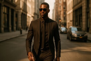 Young Black man in fitted black suit, shirt, and tie walking on sunlit urban street. Wearing sunglasses. Image captures modern elegance and professional confidence
