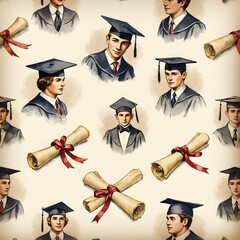 Repeating Pattern of Graduates in Caps and Gowns with Diplomas