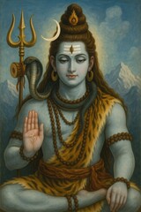 Traditional painting of Lord Shiva in meditative pose with trident, crescent moon, snake, and sacred markings. Symbolic representation of Hindu spirituality and divine energy