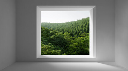 窓越しに広がる森の緑景