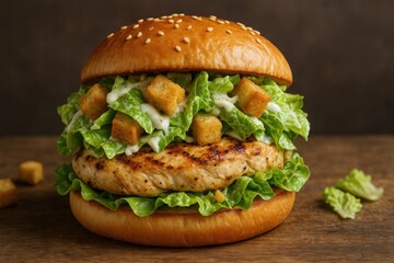 Close-up of gourmet burger with grilled chicken breast, romaine lettuce, Caesar dressing, and crunchy croutons in sesame bun. Shot on wooden background for food concept