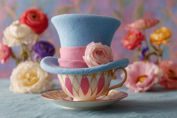 Mad Hatter’s Hat on Table with Teacups in Whimsical Tea Party Setting
