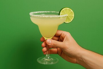 Hand holding a classic margarita cocktail in salt-rimmed glass with lime slice. Bright green background highlights fresh summer drink and festive atmosphere