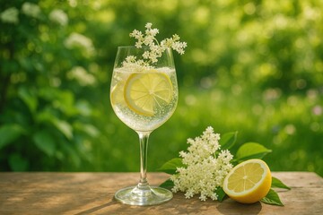 Elderflower lemon cocktail in nature, Glass of sparkling elderflower cocktail with lemon slices and blossoms on wooden table. Outdoor summer scene with green foliage and soft natural sunlight