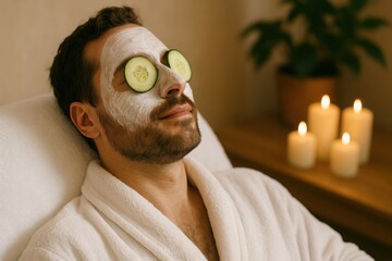 Man relaxing with face mask and cucumbers, with white facial mask and cucumber slices on eyes. Spa setting with candles and calm light evokes wellness and self-care