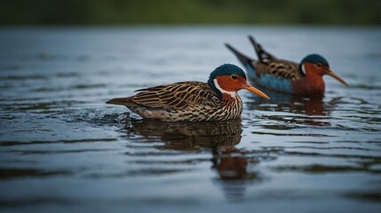 Close up of Two Ruddy Ground Ducks Swimming in Dark Lake Water