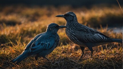 Two Wattled Starlings Standing on Dry Grassy Ground at Sunset