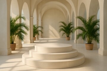 Fototapeta premium Elegant arched interior with grand staircase and lush potted palms basking in soft sunlight