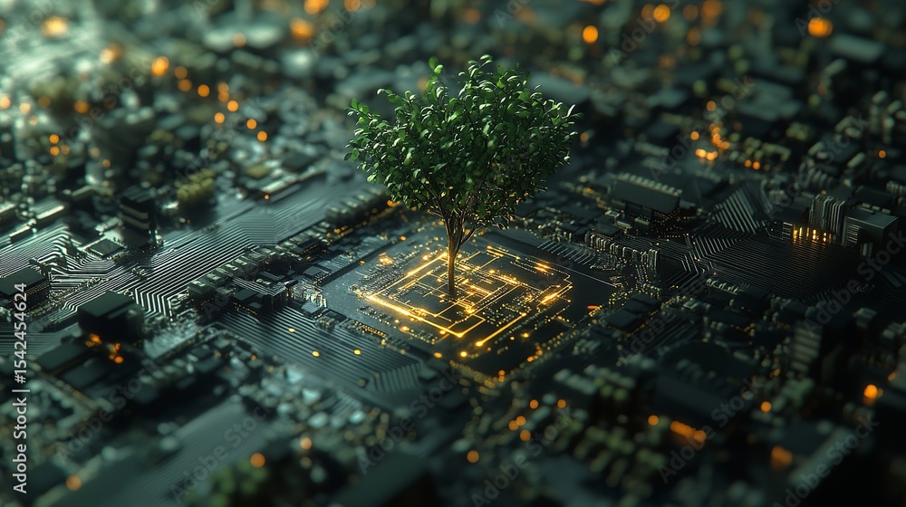 Poster a tree growing out of a glowing circuit board with other electronic components in the background