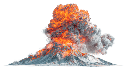 Volcanic eruption with fire and smoke rising from a snow covered mountain range on a dark canvas on transparent background