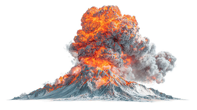 Volcanic eruption with fire and smoke rising from a snow covered mountain range on a dark canvas on transparent background