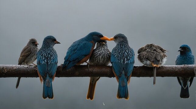 Group of Colorful Birds Perched on a Branch in Natural Setting