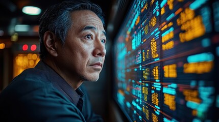 A man, his face etched with concentration, stands at the edge of a projector screen displaying intricate graphs of the securities market 