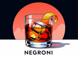 Classic cocktail illustration with ice and orange peel garnish