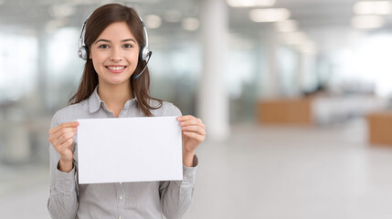 The Helpful Representative: A smiling customer service representative, equipped with a headset, holds up a blank sign, ready to provide assistance or offer a personalized message.