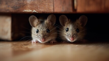 Obraz premium Two mice peeking out from under furniture, showcasing curiosity and exploring nature. Ideal for themes of wildlife and home.