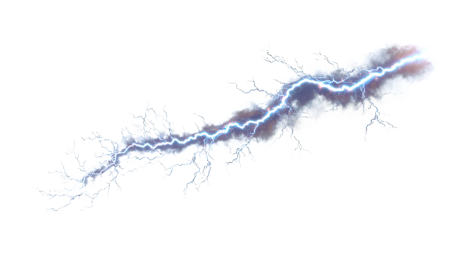 A striking image featuring a vivid bolt of electricity arcing across a cloudy formation in the sky on transparent background