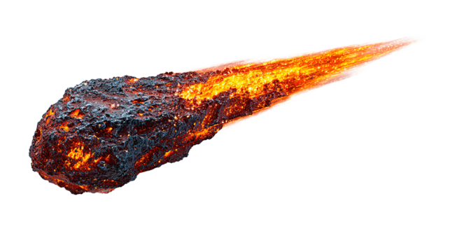 A fiery space rock hurtling through the void with a glowing tail emanating from the asteroid body on transparent background