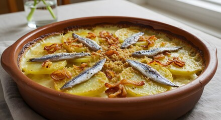Janssons frestelse potato gratin with anchovies on a restaurant table