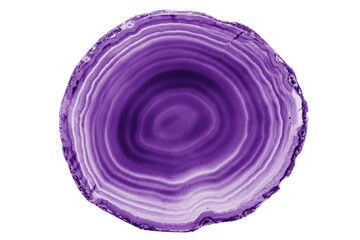 A painted Purple agate slice with white veins on a white background highlights nature’s beauty. Its layered structure makes it a stunning natural decor piece.